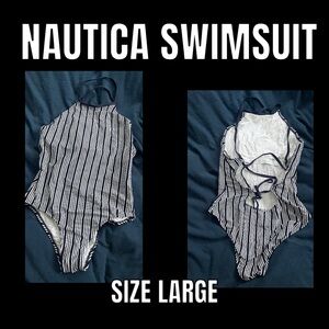 White and Navy striped swimsuit